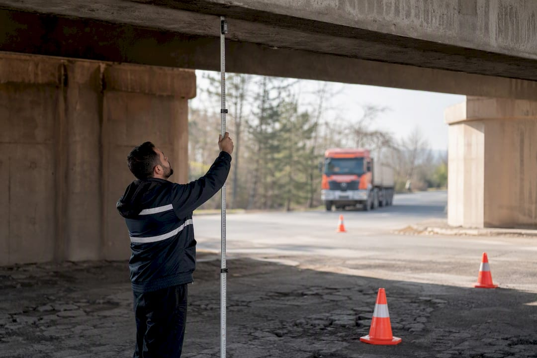 Technicien mesurant la hauteur libre sous un pont